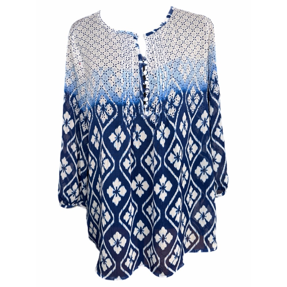 Rafaella‎ Womens Blue White Ikat Ombre Pintuck Henley Chiffon Blouse Large
